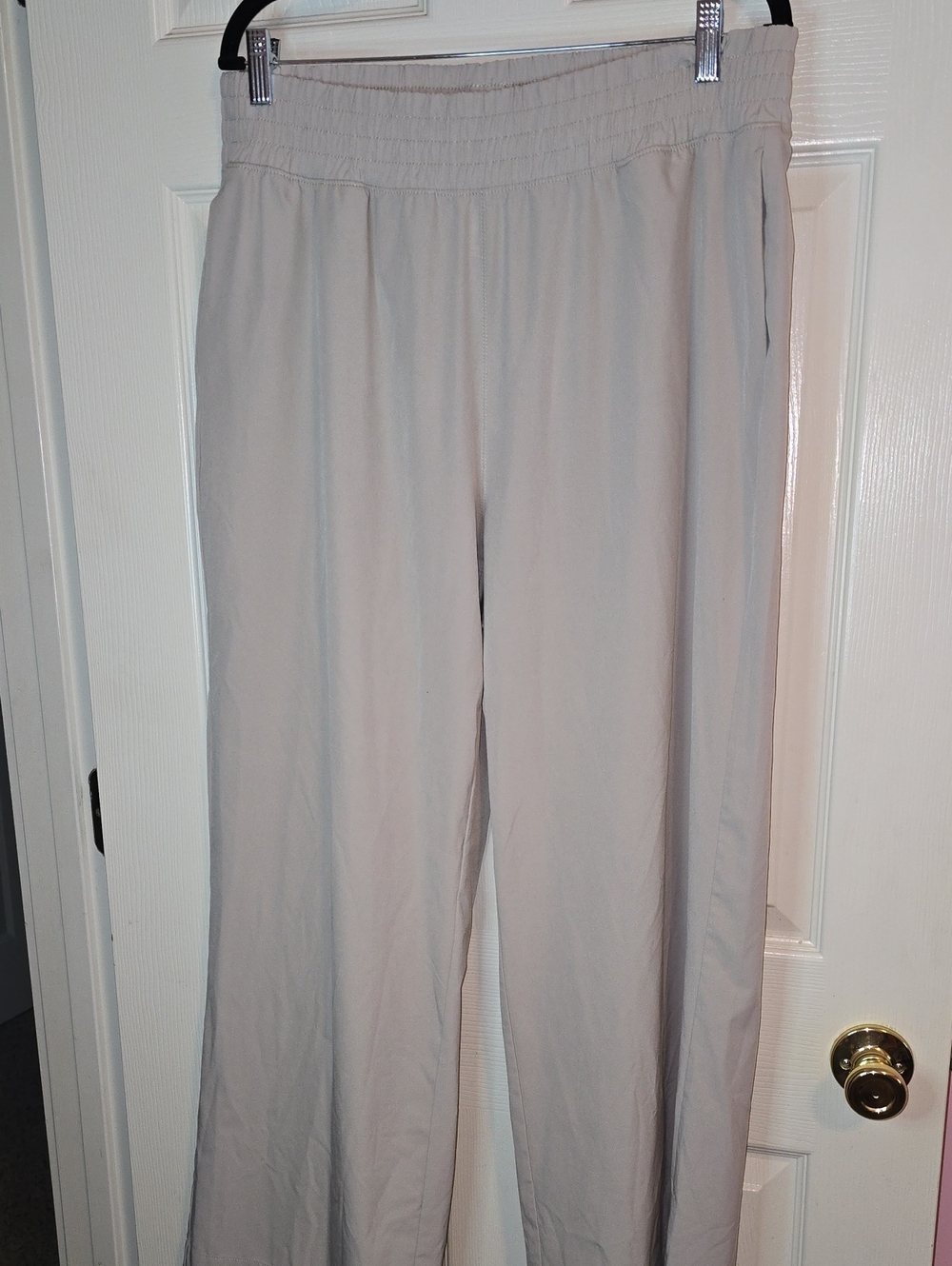 Wide-Leg Smocked-Waist Pants in Light Beige